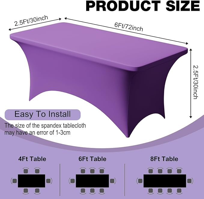 Trlyc 2 Pack 6FT Spandex Table Cloth - 72 x 30 Inch Rectangular Stretch Tablecloth, Wrinkle Resistant Scretch Table Cover for Wedding, Party, Banquet, Picnic, Outdoor Decoration (2Pcs,Purple)