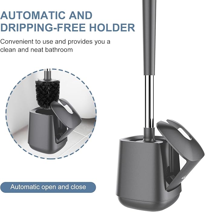 SetSail Toilet Brush and Holder 3 Pack, Self Closing Lid Toilet Bowl Brushes Holder Extra Long Handle Ventilated Toilet Brush Set for Bathroom Cleaning, Nylon Bristles, Grey