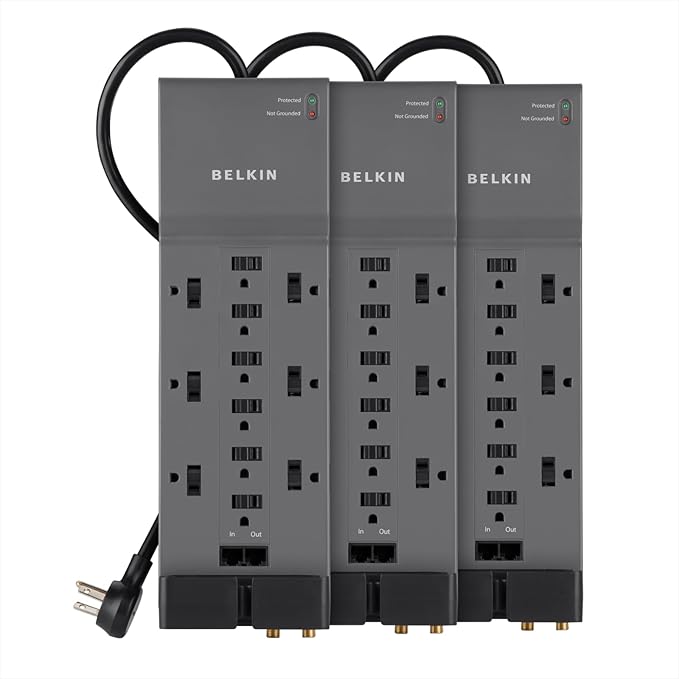 Belkin 12-Outlet Power Strip Surge Protector with 10-Foot Cord and Telephone, Ethernet, Coaxial Protection, BE112234-10, Gray -(Pack of 3)