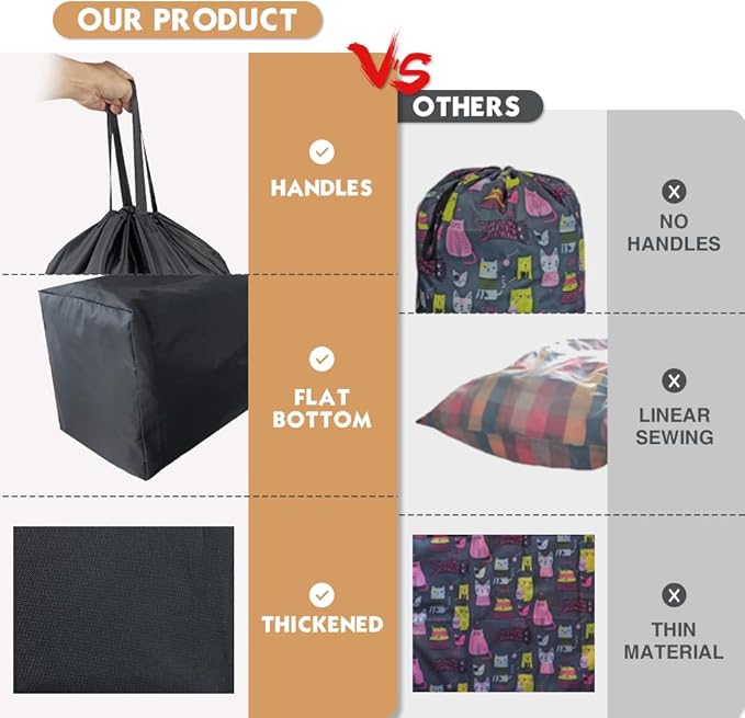 Washable Travel Laundry Bag with Handles and Drawstring (2 Pack), Heavy Duty Large Enough to Hold 3 Loads of Laundry, Fit a Laundry Basket or Clothes Hamper, 27.5x34.5 in,Black