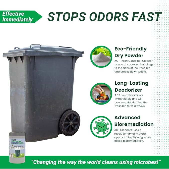 ACT Trash Deodorizer and Cleaner | Eliminates Odors Controls Garbage Sludge | for Garage and Outdoor Bins | Dry Powder Eco-Friendly 10lb