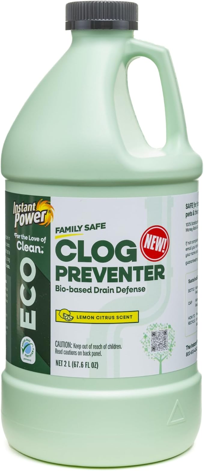 Instant Power Eco Clog Preventer - Enzyme Drain Cleaner Liquid and Deodorizer for Sink, Shower, Toilet, Garbage Disposal Cleaner, Bio-Based Drain Defense, Smell Remover and Odor Eliminator - 2 Liters