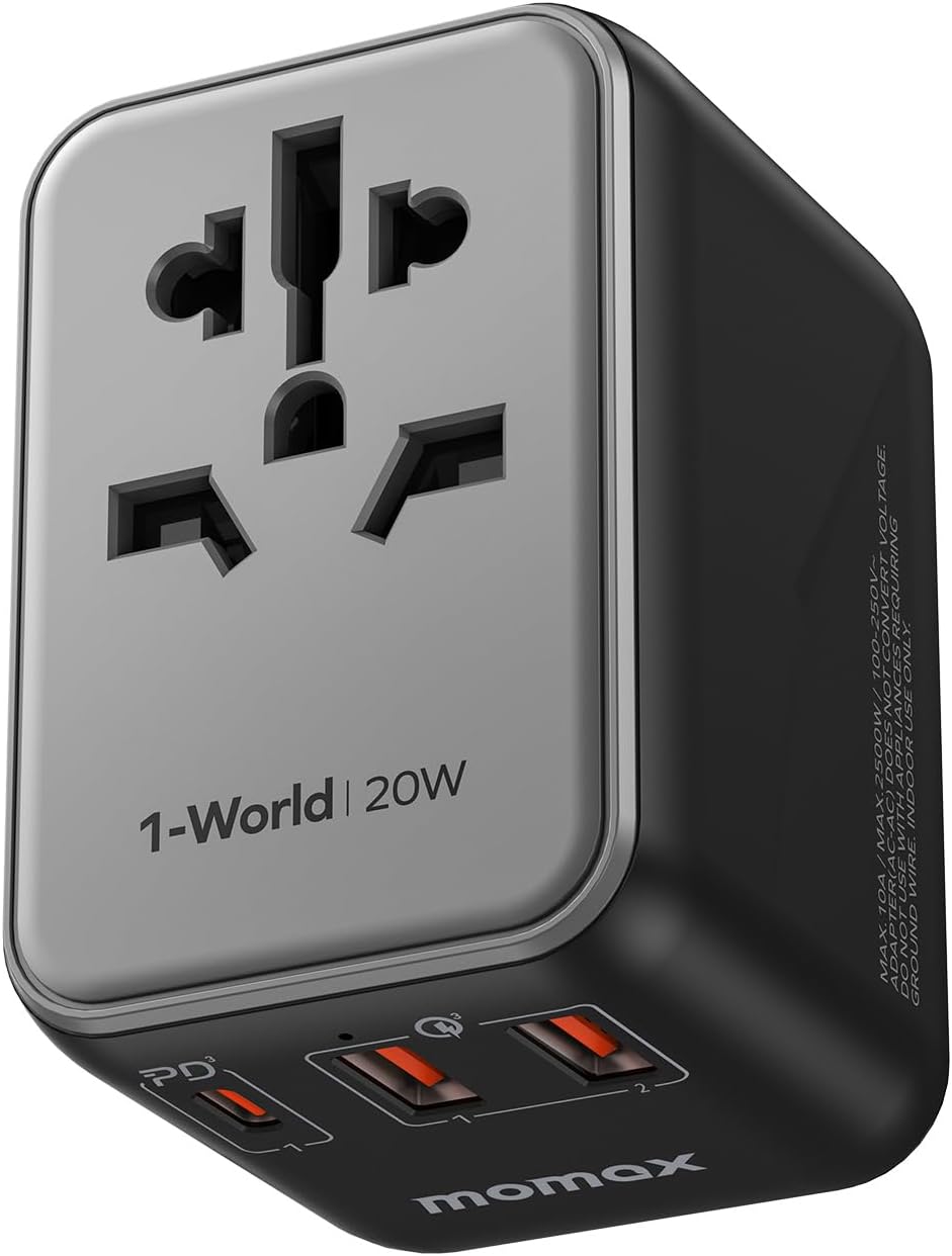 MOMAX Universal Travel Adapter, 20W+18W International Plug Adapter with 2 USB-A Quick Charging & 1 USB C PD Fast Charging,1 AC, All-in-one Wall Charger for USA EU UK AUS JP (Type C/A/G/I)