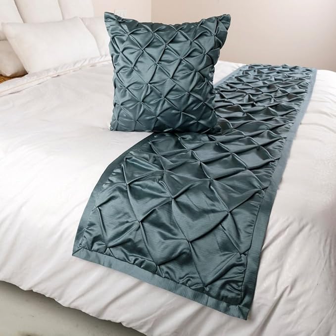 The HomeCentric Designer Blue Full 68 x 18 inch Bed Runner with 2 Pillow Cover Set, Satin Pintucks Bed Scarf, Solid Color Modern - Satin Nights