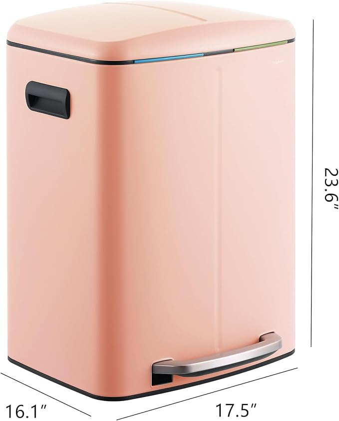 happimess HPM1005G Marco Rectangular 10.6-Gallon Double Bucket Trash Can with Soft-Close Lid, Flamingo Pink, Fingerprint Resistant, Modern, Minimalistic for Home, Kitchen, Office, Bedroom, Bathroom