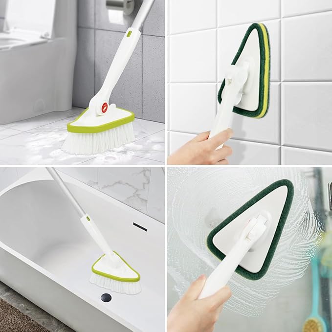 CQT 2 in 1 Bathroom Cleaning Brush with 48" Extendable Long Handle Detachable Scrub Brush with 2 Scrubber Heads and 2 Scouring Pad Head for Cleaning Bathtub Shower Bathroom Wall Bathtub Floor