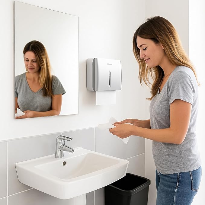 Paper Towel Dispenser Wall Mount Commercial & Home Use ABS Matte Silver Gray with Window Holds 200 C/Z/Multi-Fold Towels Includes Hardware & Key Bathroom Paper Towel Holder