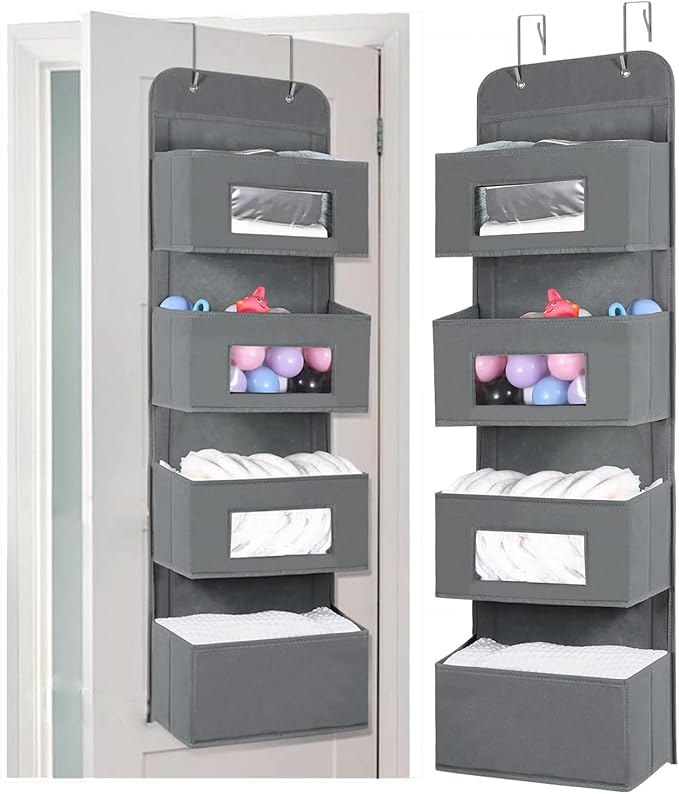 MAX Houser 4-Shelf Over The Door Hanging Organizer with 2 Metal Hooks,4 Pocket Over The Door Wall Mount Storage with Clear Windows for Baby Nursery Bathroom Closet,Bedroom,Dorm,Diapers,Kids Toys(Gray)