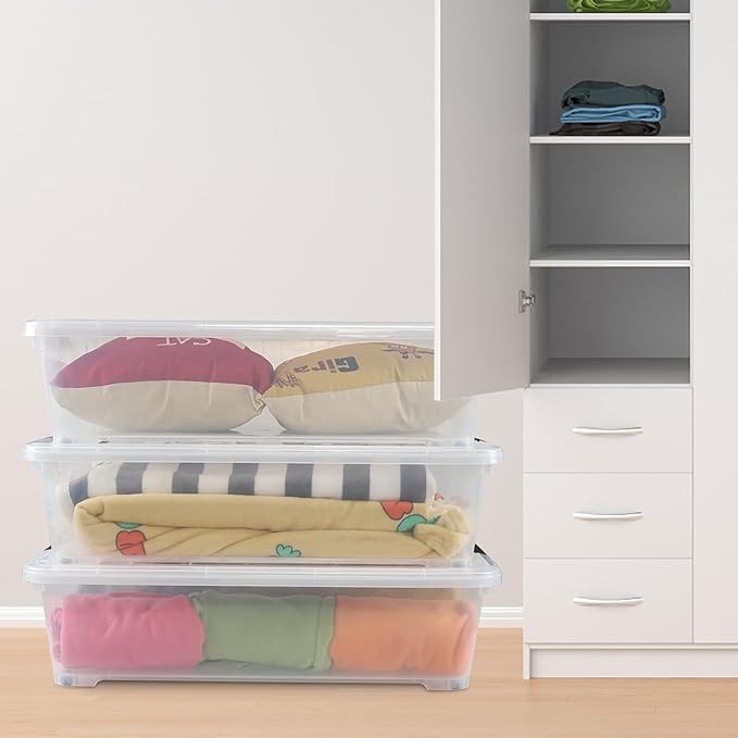 50 Quart Clear Plastic Under Bed Storage Bin with Lid, Underbed Storage Container with Wheels, 3-Pack