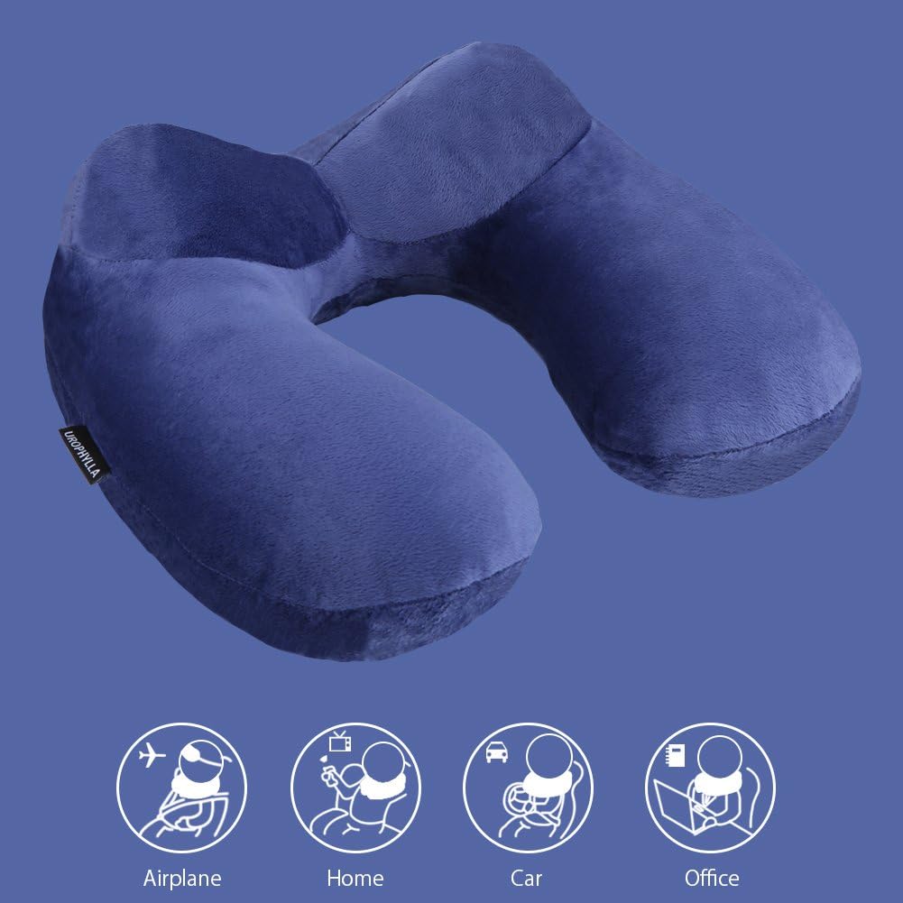 urophylla Inflatable Travel Pillow for Airplane, Soft Velvet Inflatable Travel Neck Pillow for Airplanes, Train, Car, Home and Office with Packsack & Comfortable Velvet - Blue