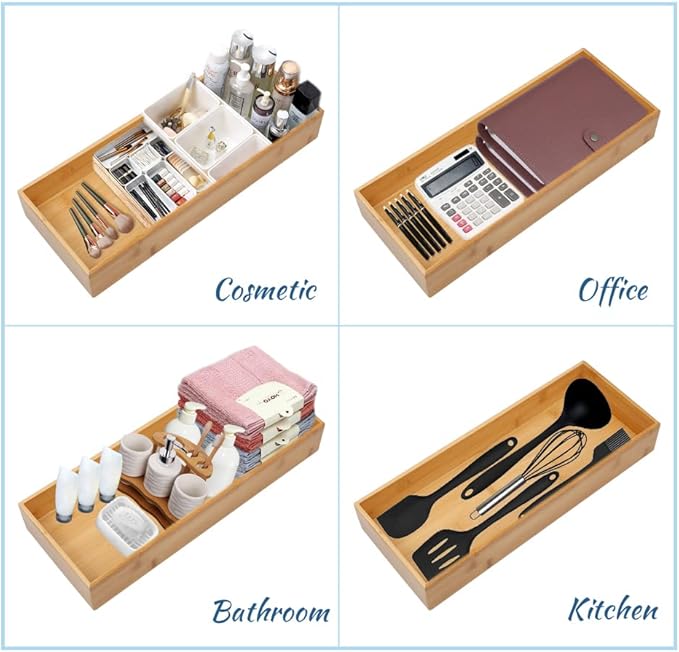 Bamboo Drawer Organizer - Kitchen Utensil Organizer Silverware Tray Cutlery Holder，Office Desk Supplies and Accessories (12x5.9x2.6 inch)