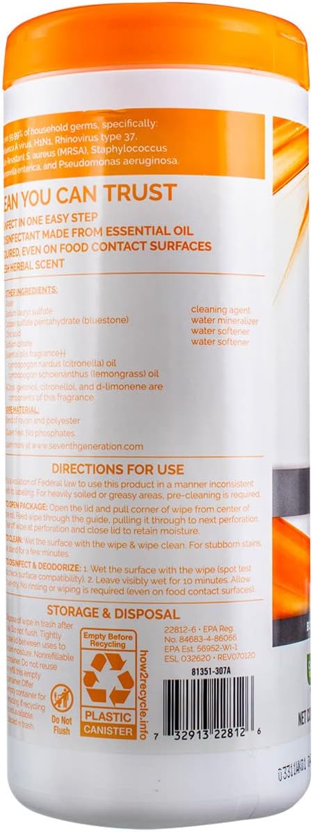Seventh Generation Multi-Surface Disinfecting Wipes, Lemongrass Citrus, 8.1 oz, 35 Ct (2 pack)