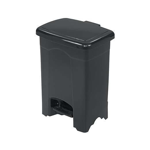 Safco Step On Plastic Trash Can with Foot Pedal, 4 Gallon Garbage Can for Kitchen, Bedroom, Office, Hands Free, Black