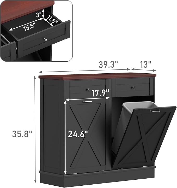 Betterhood Double Tilt Out Trash Cabinet 20 Gallon Wooden Free Standing Laundry Sorter Cabinet,Recycling Cabine with Hideaway Drawer,Tilt Out Trash Cabine Can Bin Kitchen (Black)