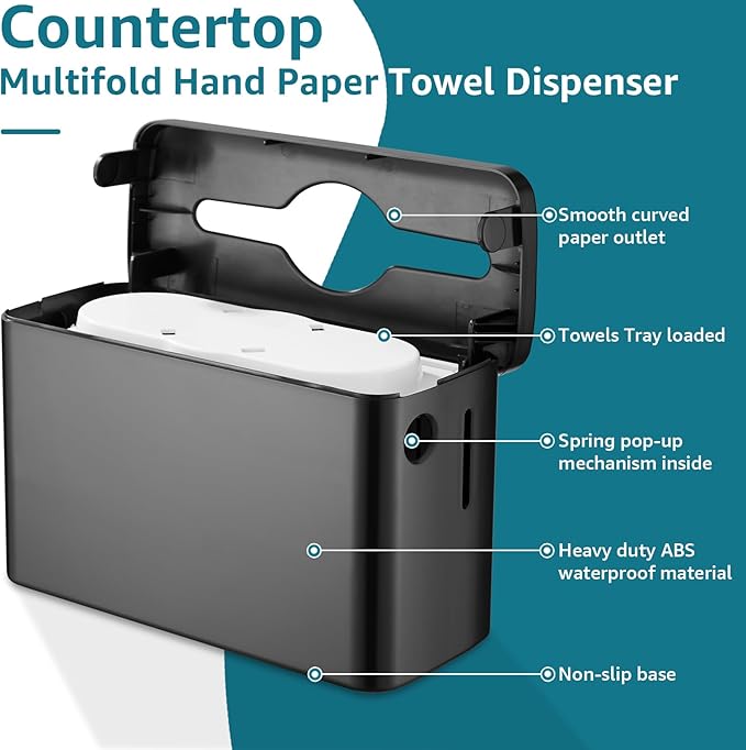 Multifold Paper Towel Dispenser Countertop, Heavy Duty Wide-Design, 300-Sheet Large Capacity Black Paper Towel Holder, Compatible with Tork, AmazonCommercial, Kleenex, Scott, Pacific Multifold Towels