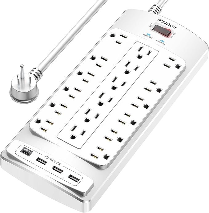18 Outlets Surge Protector Power Strip - 6 Feet Flat Plug Heavy Duty Extension Cord with 18 Widely Outlets and 4 USB Ports, 2100 Joules, White, ETL Listed