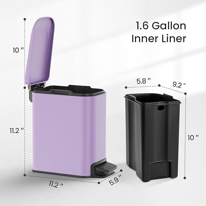 Cesun Small Bathroom Trash Can with Lid Soft Close, Step Pedal, 6 Liter / 1.6 Gallon Stainless Steel Garbage Can with Removable Inner Bucket, Anti-Fingerprint Finish (Purple)