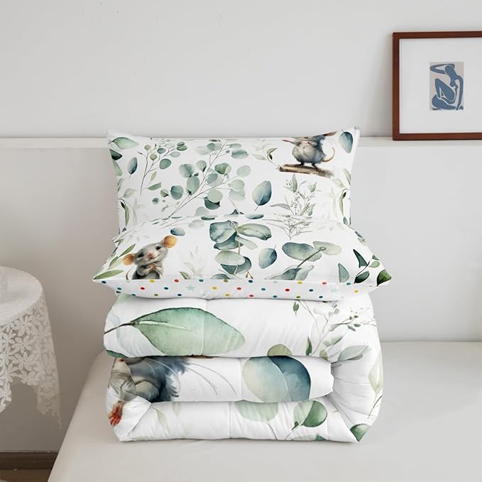 Erosebridal Kids Cute Animal Full Bedding Sets for Girls Boys Cartoon Mouse Comforter Set, Spring Eucalyptus Bedding Comforter Sets Watercolor Leaves Duvet Insert, Kawaii Animal Mice Down Comforter