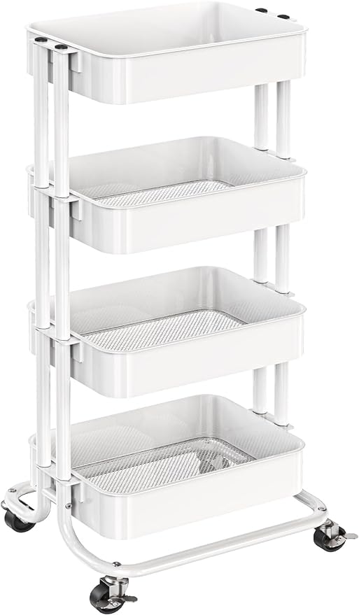 Pipishell 4 Tier Metal Rolling Utility Cart, Heavy-Duty Storage Rolling Cart with 2 Lockable Wheels, Multifunctional Mesh Organization Utility Cart for Kitchen Dining Room Living Room, PIUC13W