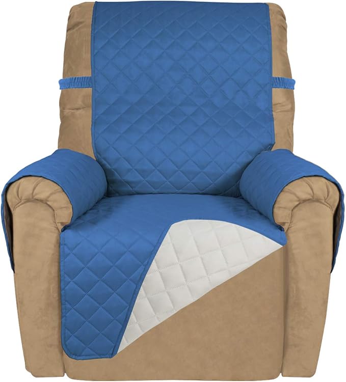 PureFit Reversible Quilted Sofa Cover, Water Resistant Slipcover Furniture Protector, Washable Couch Cover with Non Slip and Elastic Straps for Kids, Dogs, Pets (Small Recliner, Blue/Ivory)