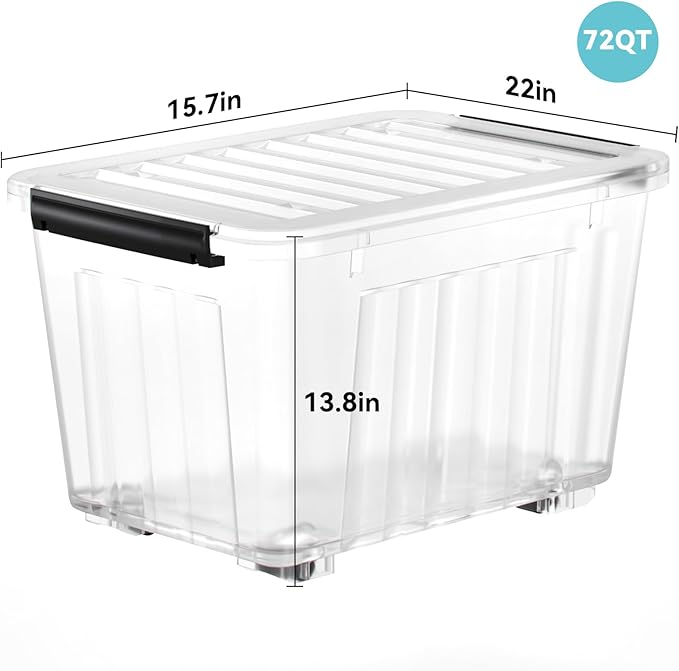 Nazhura 72 Quart Plastic Storage Bin, Stackable and Nestable Storage Boxes with Lids and Secure Latching Buckles, Large Storage Container (Clear, 72Quart-6Pack)