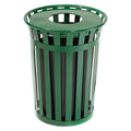 Global Industrial 36 Gallon Outdoor Slatted Steel Round Trash Can with Flat Lid, Plastic Liner & Anchor Kit Included, 28" W x 36" H, Commercial & Industrial Trash Can, Green