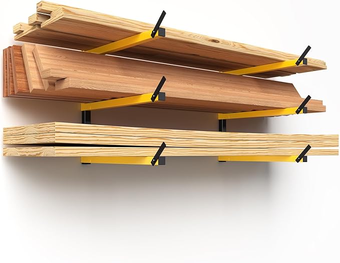 GREENER Lumber Storage Rack Folding Wood Storage Racks Wall-Mounted Metal Racks for Storage with 3-Level Heavy Duty Garage Wood Organizer for Woodworking Shop Indoor & Outdoor Use, 2 pairs,Yellow