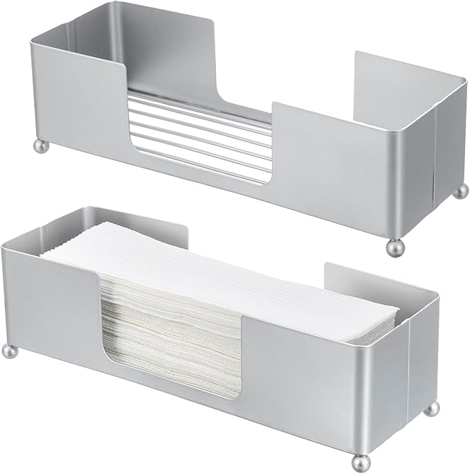 MyGift Metal Tabletop Folded Hand Towel Holder, Modern Silver Tone Commercial Countertop Tissue Dispenser Tray for Trifold, C-Fold and Z-Fold Towels, Set of 2