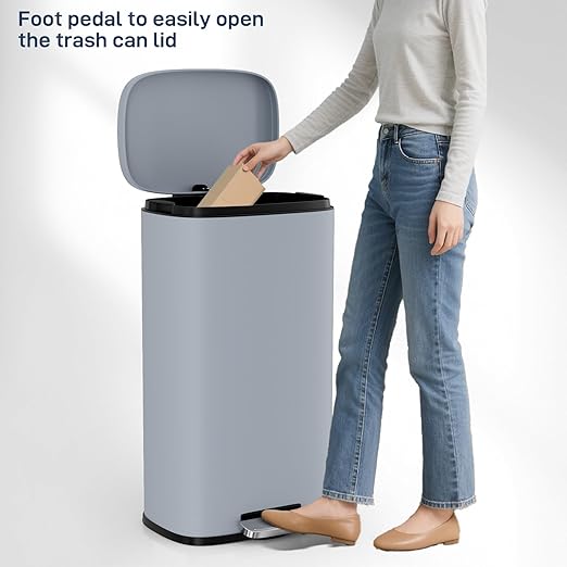 Arlopu 8/13.2 Gallon Step Trash Can, Stainless Steel Garbage Bin, Soft-Close Rubbish Bin with Removable Plastic Inner Bucket, Fingerprint-Proof, Lid Dustbin, Suit for Kitchen Home (Haze Blue, 50L)