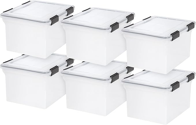 IRIS USA 32 Quart WEATHERPRO Plastic Storage Box with Durable Lid and Seal and Secure Latching Buckles, Clear with Black Buckles, 6 Pack
