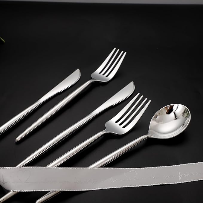 SUT 300Pcs Silver Plastic Cutlery, Silver Utensils Disposable, silver Plastic Silverware Set Include 100 Plastic Forks, 100 plastic Spoons, 100 plastic Knives Heavy Duty Flatware for Party