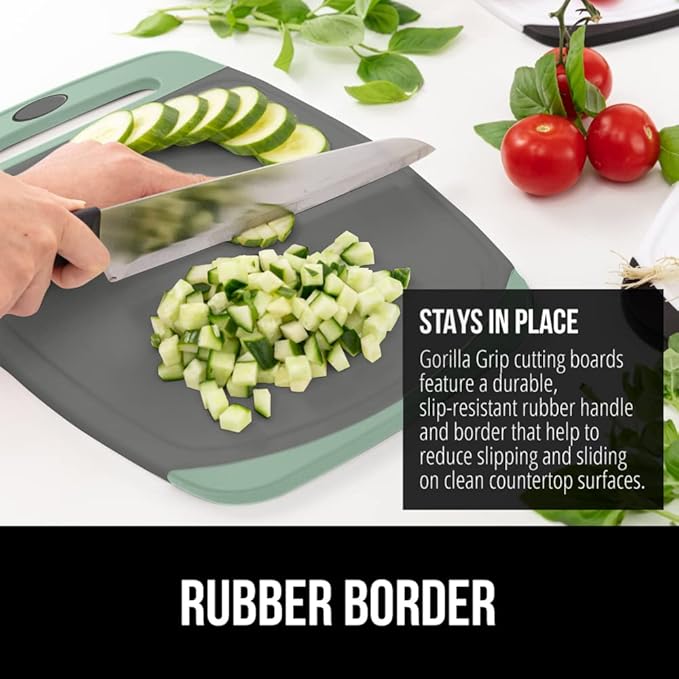 GORILLA GRIP BPA-Free Reversible Kitchen Cutting Board Set of 3, US Designed, Nonporous, Juice Grooves Catch Liquid, Slip Resistant Border, Dishwasher Safe, Durable Food Chopping Boards, Mint Gray