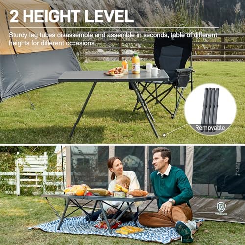 EVER ADVANCED Large Camping Table for 4-6 Person, Portable Folding Aluminum Table with Carrying Handle, Suitable for BBQ, Picnic, Camping and Indoor Use, Support up to 130LBS, Gray