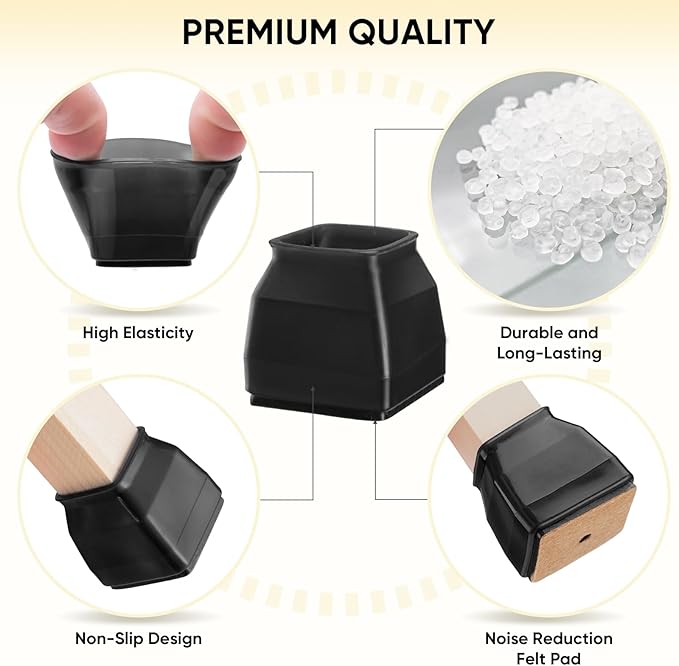 BALEINE 16 Pack Silicone Chair Leg Floor Protectors, Stool Leg Protectors Cap, Non-Slip Chair Leg Caps for Hardwood Floors (Black & Large (Square), 16 Pack)