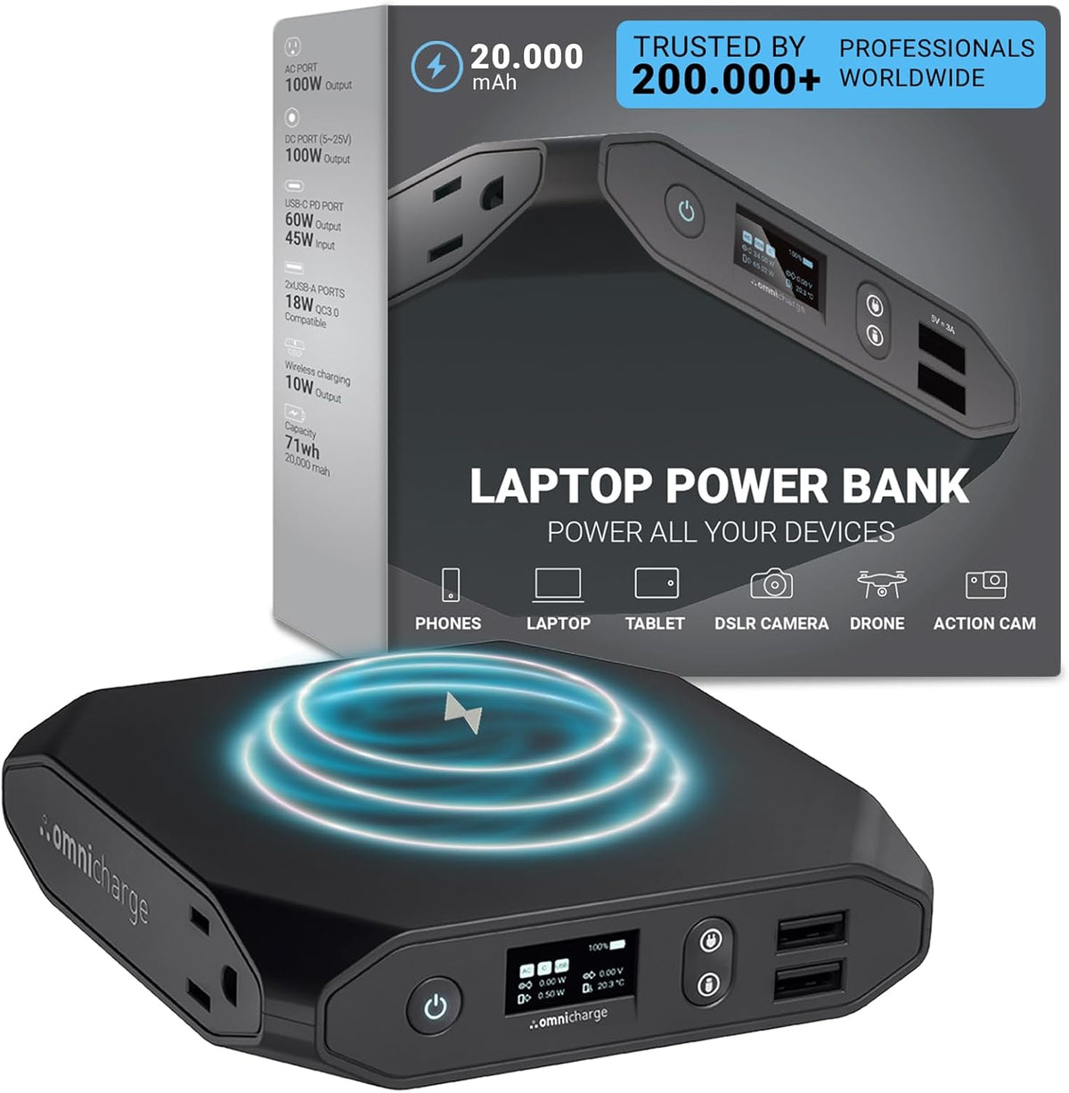 Omni 20+ Professional Premium Portable Power Bank with AC Outlet 20,000mAh/71Wh,Laptop Power Bank,Universal Charger for All Devices, Fast Charging USB-C & QC 3.0, Travel-Friendly Power Solution
