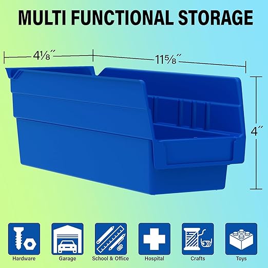 Akro-Mils 30120 Plastic Shelf Bins, Heavy Duty Storage Bins for Garage, Closet, and Drawer Organization, 12-Inch x 4-Inch x 4-Inch, Blue, 24-Pack