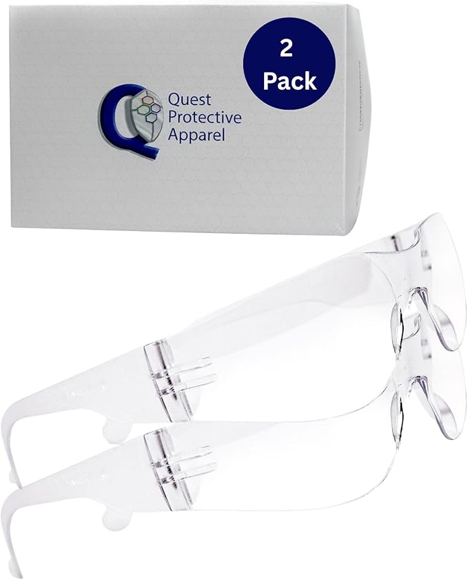 Quest Protective Apparel Safety Glasses for Men and Women - Anti Fog Safety Goggles for Shooting, Lab, or Construction – Polycarbonate Eye Protection [Clear & Pack of 2]