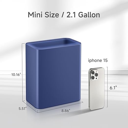 TIPGO Small Metal Trash Can, 2.1 Gallon Slim Trash Can for Bathroom, Wastebasket Garbage Bin for Bedroom, Office, Kitchen, Under Sink (Blue)
