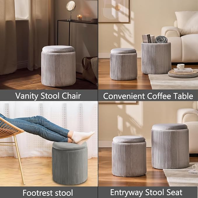 Round Set of 2 Ottoman with Storage-Upholstered Velvet Vanity Stool for Makeup Multifunctional Ottomans Coffee Table Padded Seat Foot Rest for Living Room&Bedroom (Ligth Grey)