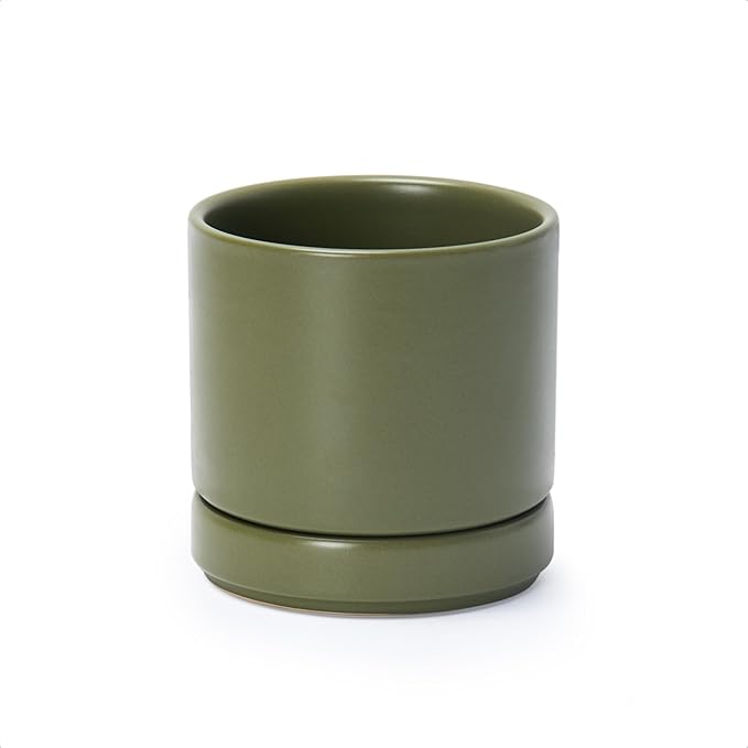 D'vine Dev 4.7 Inch Ceramic Planter Pot with Drainage Hole and Saucer, Indoor Cylinder Round Planter Pot, Olive, 94-O-B-J