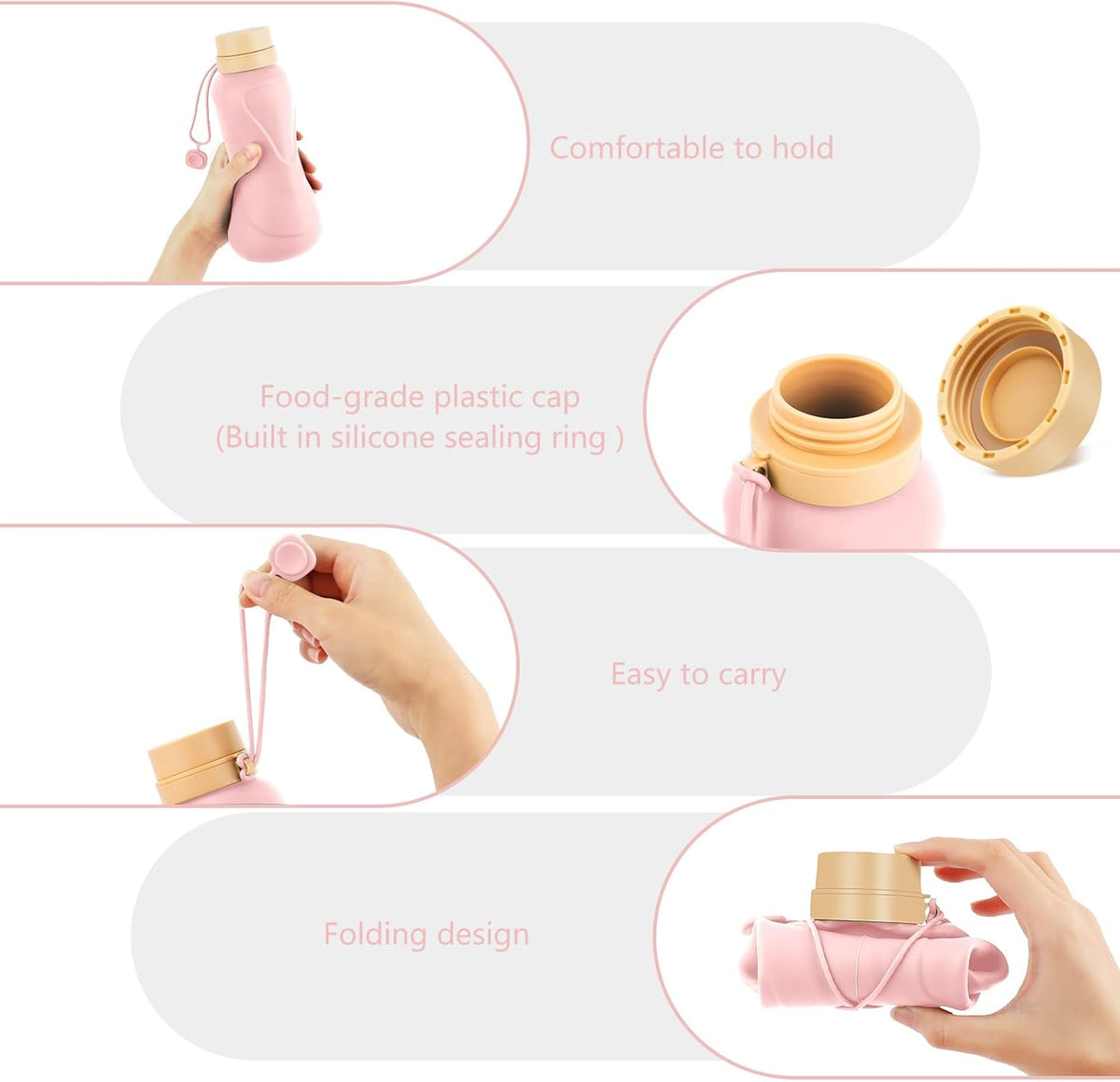 Collapsible Water Bottles,650ml,Leak Proof,Reuseable BPA Free Silicone Foldable Water Bottles,Durable Lightweight for Travel Gym Camping Hiking,Compact Size Portable Sports Water Bottle (Pink)