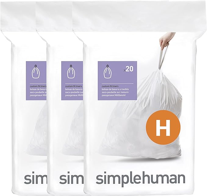 simplehuman Code H 60 Count, Dispenser Pack Custom Fit Liners, Drawstring Trash Bags, 30-35 Liter / 8-9.2 Gallon, White