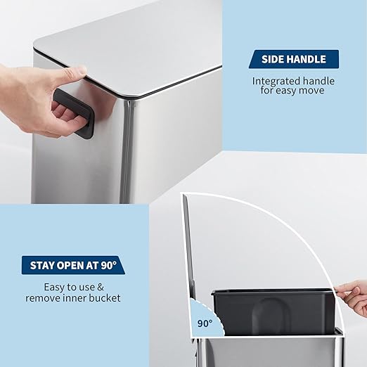 15 L Kitchen Step Trash Can, 4 Gallon Narrow Stainless Steel Waste Bin with Soft-Close Lid, Rectangle Rubbish Bin with Removable Inner Bucket for Bathroom, Dining Room, Living Room
