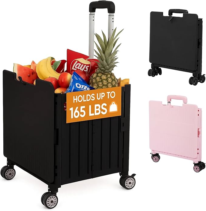 VUSIGN Folding Utility Cart, Foldable Rolling Crate Handcart with Lid, Portable Collapsible Shopping Trolley Tool Box, 4 Rotate Wheels for Grocery, Office, Travel, Teacher, Luggage, Black