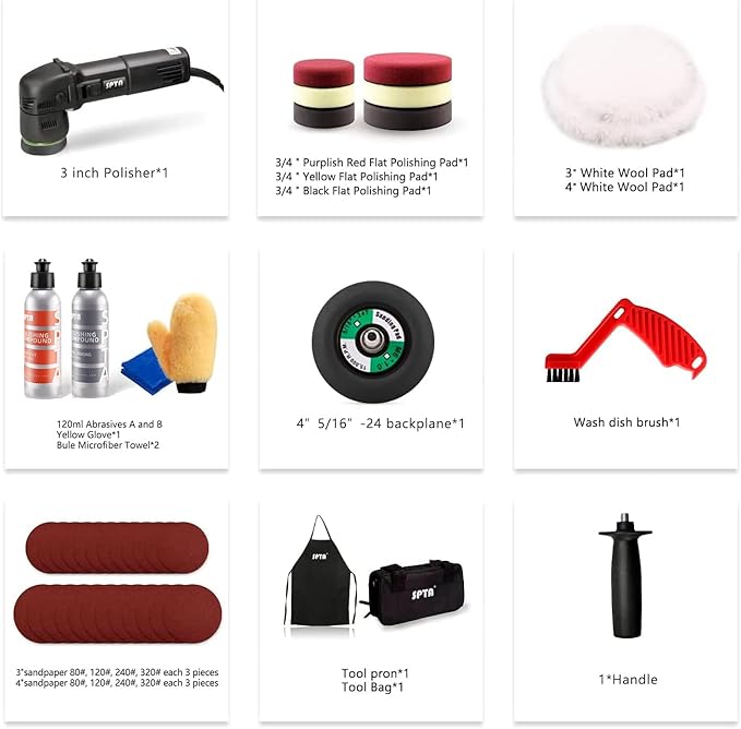 SPTA Mini Orbital Polisher - 3 Inch 10mm/780W Variable Speed Dual Action With Polishing Pads, Sanding Discs, Pad Conditioning Brush