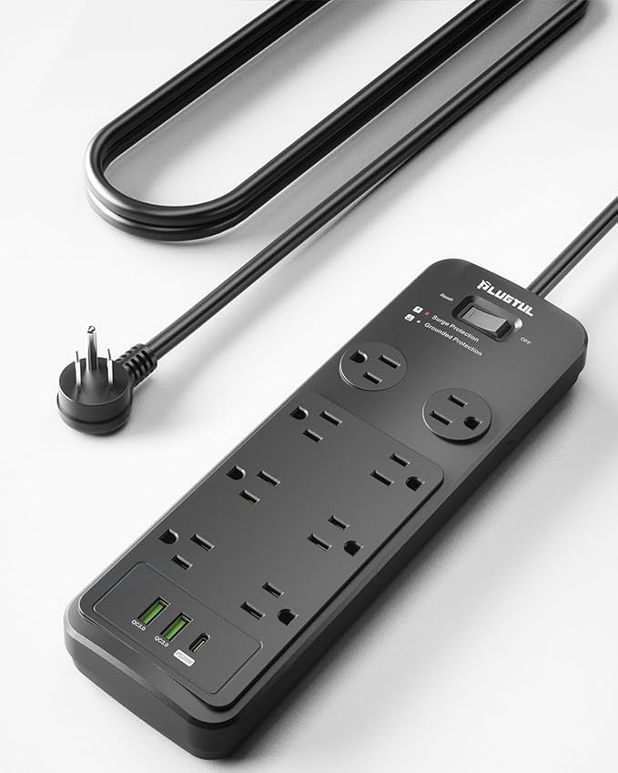 Surge Protector Power Strip 6FT, PLUGTUL Surge Protector with 8 Outlets - Spacious Design for Large Plugs, Flat Plug, 20W USB C Charging for Home, Office, ETL Listed, 2040J