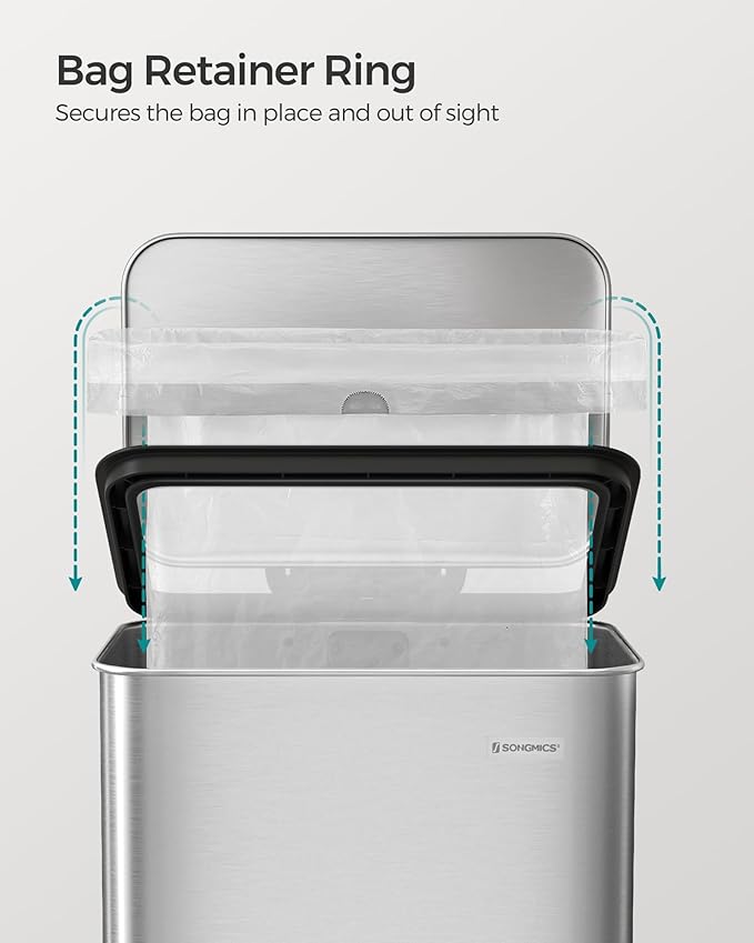 SONGMICS Kitchen Trash Can, 10.5 Gallon (40 L) Garbage Can, Large Step Trash Bin with Lid, Stainless Steel, Soft Close, 15 Trash Bags Included, Silver ULTB540E40