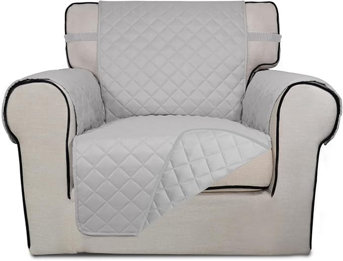 PureFit Reversible Quilted Sofa Cover, Water Resistant Slipcover Furniture Protector, Washable Couch Cover with Non Slip and Elastic Straps for Kids, Dogs, Pets (Chair, Light Gray/Light Gray)