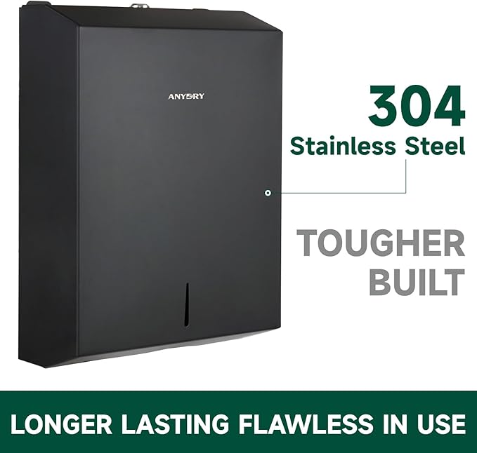 Commercial Paper Towel Dispenser Wall Mount 400-Sheet Capacity Matte Black Stainless Steel Lockable Fits Multifold/Z-Fold Towels (Folded Size ≤ 10.6" x 3.9")