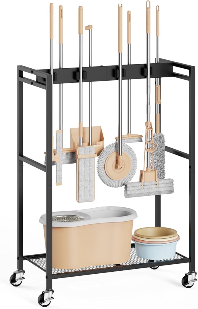 BORISI Broom And Mop Holder, Movable Broom Closet Storage Cabinet, Cleaning Cart with Mop Hanger Gripper Rack, Janitorial Cart, Utility Carts, Laundry Room Organization Home Essentials